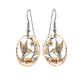 FRONT LINE JEWELRY Artisan-crafted Women's Copper Oval-Shaped NW Hummingbird Earrings Featuring a Trumpet Flower and Earth-Tone Hummingbird Jewelry.
