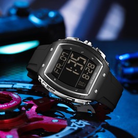 findtime Men's Digital Watch Fashion Sport Watches Unique Tonneau Military Tactical Waterproof Square Watches with Stopwatch Alarm Countdown Luminous Curved Big Face Wrist Watch