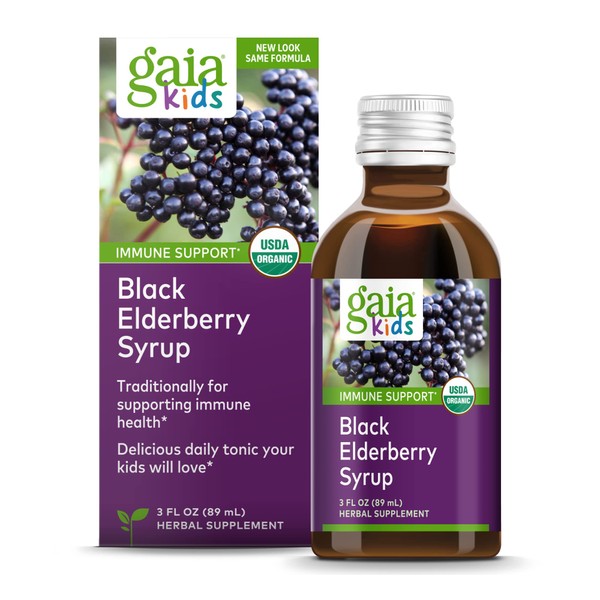 Gaia Herbs GaiaKids Black Elderberry Syrup - Delicious Immune Support Supplement for Kids - with Organic Black Elderberries and Honey - USDA Certified Organic Black Elderberry Syrup - 3 Fluid Ounces