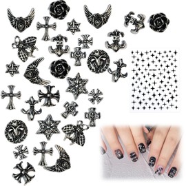 50PCS Cross Nail Art Charms 3D Punk Metal Nail Decorations for Women & Girls, 50PCS Antique Silver DIY Manicure Accessories, Gothic Rose, Studs, Rivets, Hearts, Stars, Ornaments for Nail Design