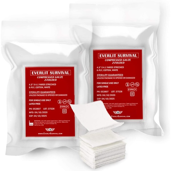 Everlit [2 Pack] Z-Folded Compressed Sterile Gauze 4.5" x 4.1 Yards, 6-Ply White Cotton, Essential First Aid and Stop The Bleed Kit Supply for Home, Medical, and Tactical Emergency Use (2)