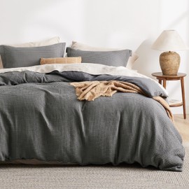 Bedsure Luxury Waffle Duvet Cover Queen Size - Textured Duvet Cover Set, Soft, Breathable Bedding Set (90"x90") with 2 Pillow Shams for All Season, Dark Grey, Comforter Not Included
