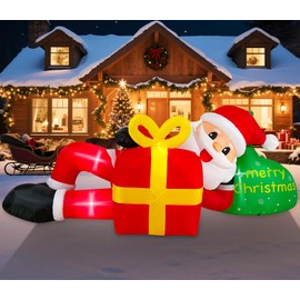 EAONE 12FT Giant Christmas Inflatable Santa Claus Lying for Outdoor Decoration, Christmas Blow Ups Yard Decoration Santa Claus & Gift Bags with Lights for Garden, Lawn, Home Xmas Holiday Season Decor