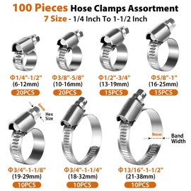 Heavy Duty Hose Clamp, Stainless Steel Hose Clamps Assortment for 1/4 Inch to 1-1/2 Inch Hose Pipe,100 PCS Small Worm Gear Hose Clamp Kit for Fuel Line Radiator Coolant Plumbing Automotive