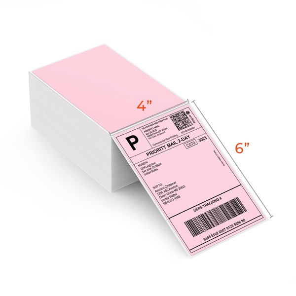 MUNBYN Pink 4x6 Inch Direct Thermal Labels, 500 Labels/Stacks, Fanfold Shipping Label Paper for Thermal Printers, Permanent Adhesive Mailing Postage Labels for Shipping Packages