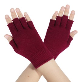 ZLYC Women Winter Fingerless Gloves Wool Knit Half Finger Stretch Glove (Solid Burgundy)