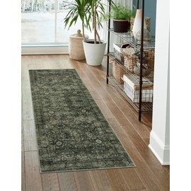 Morebes Vintage Washable Kitchen Rugs Non Slip,2x6 Runners for Hallways,Floral Boho Bathroom Runner Rug,Non Shedding Soft Throw Carpet for Laundry Floor Indoor, Dark Green