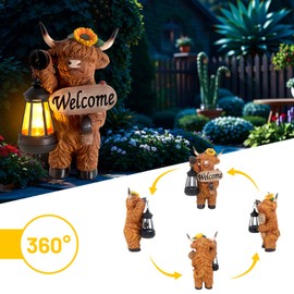 YEPOTUE Garden Highland Cow Decor, Solar Outdoor Statue with Lantern Funny Highland Cow Figurine for Yard Garden Patio Lawn Ornaments - Unique Birthday Gifts for Mom, Women