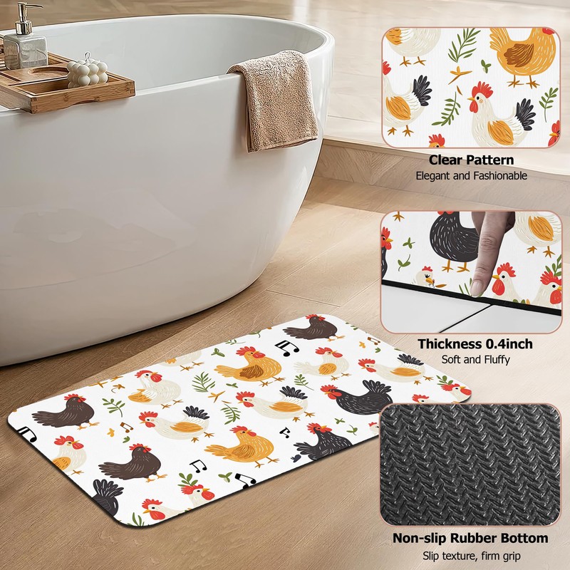 Non Slip Bath Mat, Chickens Roosters Bathroom Decor, Leaves Music