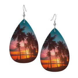 Faux Leather Earrings Tropical Summer Sunset Palm Tree Teardrop Dangle Earrings Lightweight For Women