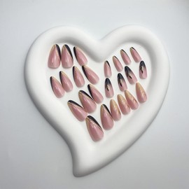 Gradient Press on Nails Medium Almond Fake Nails Black False Nails with Gold Leaves Design Glossy Acrylic Full Cover Pink Glue on Nails Yellow Reusable Stick on Nails for Women Manicure 24pcs…