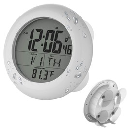 Sonnet Shower Clock for Bathroom and Kitchen - Large Digital Display Shows Time, Date, Day of The Week and Temperature. Large Suction Cups, Hanging Hole, and Kick Stand - White - T4691