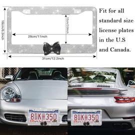 OTOSTAR 2 Pack Bling License Plate Frame with Ribbon Bow, Handcrafted Shiny Rhinestones Premium Stainless Steel 2 Holes License Plate Holder with Anti-Theft Screws Caps Set (White/Black Bowtie)