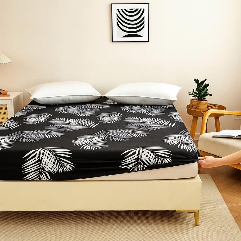 Jemiipee Super King Fitted Sheet Black Tropical Leaves Pattern, 30