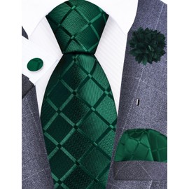 Gusleson Mens Dark Green Tie for Wedding Silk Plaid Checkered Necktie Pocket Square Cufflinks and Lapel Pin Brooch Set (UK6104-27)