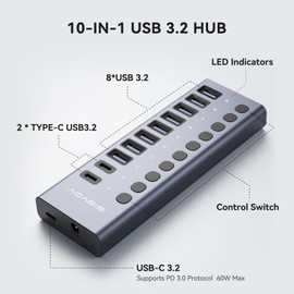 ACASIS 10 Ports 60W USB C 3.2 Hub, 10Gpbs Data Transfer, 20V/3A Power Adapter, Individual On/Off Switches, Aluminum Housing, USB Splitter for PC, Computer, Laptop, Mobile HDD, Flash Drive