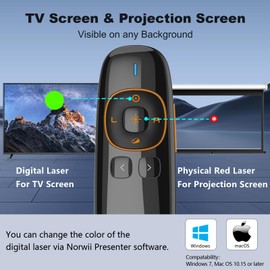 Norwii N86s Ergonomic Wireless Presenter Clicker for LED LCD TV Screen with Digital Pointer, Air Mouse Presentation Clicker for PowerPoint, Presenter clicker with Highlighting Magnify -50M