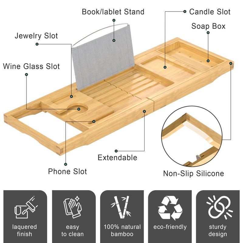 Foldable Bathtub Caddy Tray for Tub,Bamboo Expandable Bath Table Trays,Premium