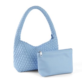 Handmade Woven Bag Women Shoulder Handbags Vegan Leather Tote Bag With Purses Woven Tote Bag Shoulder Bag Underarm Bag (Light Blue)