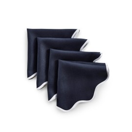 Solino Home Scallop Linen Dinner Napkins 20 Inch - 100% Pure Linen White and Navy Round Cloth Napkins Set of 4 - Giselle Scallop Edge, Handcrafted and Machine Washable Fabric