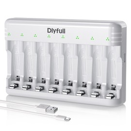 DLYPOW 8 Bay Battery Charger AA AAA, USB-C Fast Charging with Smart Auto Shut-Off, Independent Slot for Ni-MH Ni-CD Rechargeable Batteries, Cable Included