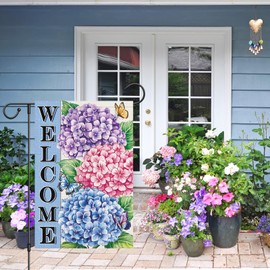 Louise Maelys Spring Summer Welcome Garden Flag Hydrangea Flower Butterfly Double Sided 12x18 Inch Floral Seasonal Small Burlap Holiday Yard Outdoor Flag Outside Home Decor (Only Flag)