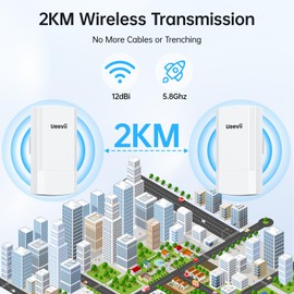 Wireless Bridge with 2 Brackets, UeeVii 5.8G Point to Point WiFi Bridge, 2 km Long Range Outdoor CPE with Dual 100Mbps LAN Ports, 24V PoE Injector, Ideal for Extending Network to Barn, Garage, or Shop