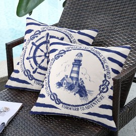 Pack of 4 Waterproof Cushion Covers Mediterranean Sea 45 x 45 cm Anchor Lighthouse Compass Rudder Navigation Cushion Cover Cotton Linen Soft Square Decorative Cushion Covers for Couch Car Home