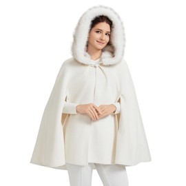 BEAUTELICATE Women Wedding Cape Winter Wool Cape Hooded Cloak for Bride Fur Hood with Fur Trim