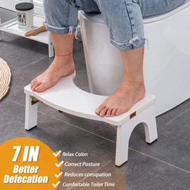 Toilet Stool Wood, Foldable Poop Stool for Adults, 7" Squat Poop Stool Extra Sturdy & Wide Wooden Toilet Squat Step Stools with Anti-Slip Feet by CHEAGO,380 lbs Pure White