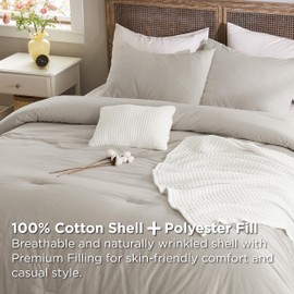 Bedsure 5 Pieces Cotton Comforter Set with Waffle Throw Blanket - Soft Breathable Bedding Set for All Seasons, Beige Comforter King Size, Pillow Shams, White 100% Cotton Blanket, Throw Pillow