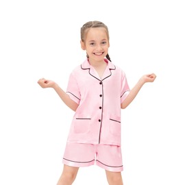 SWOMOG Kids Satin Pyjamas Girls Boys Short Sleeve Pjs Sets Two Pockets Silky Nightwear 2 Piece Button-Down Skeepwear for 4-13 Pink