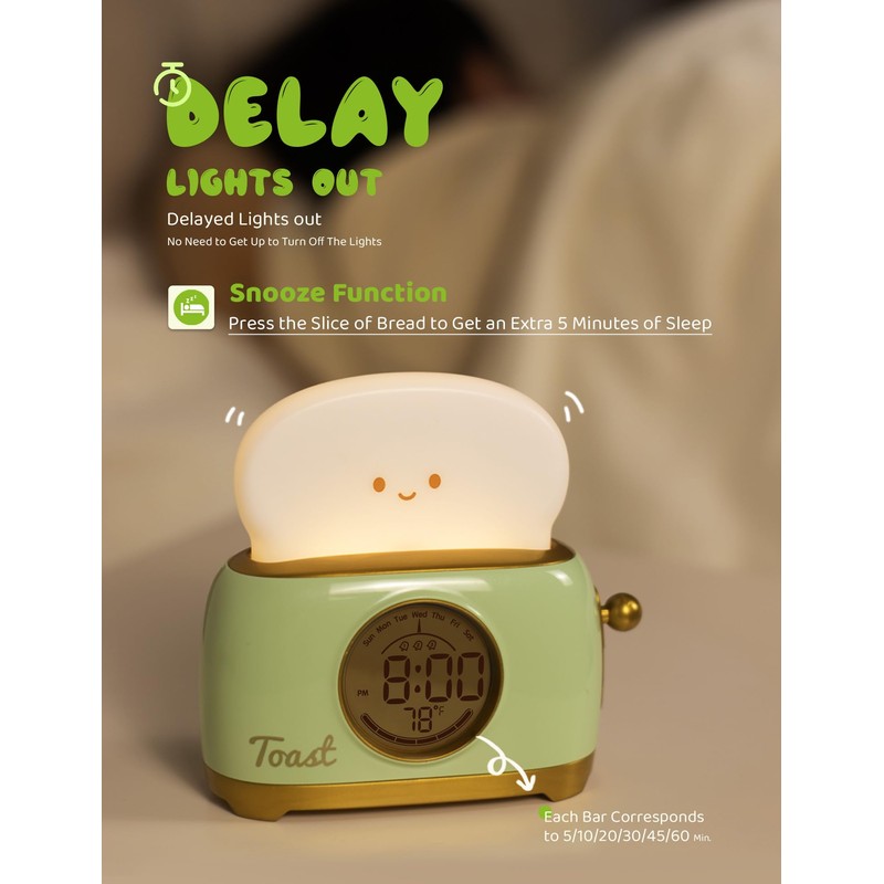 WANIDEA Toast Night Lamp Lights, Cute Toaster Digital Alarm Clock,
