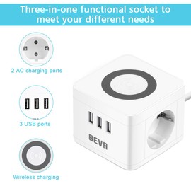 Steckdosenwürfel, BEVA Cube Steckdosenleiste 2 Fach + 3 USB mit Wireless Ladefunktion Mehrfachsteckdose Schutzkontakt Desktop-Ladestation, Handy-Ladegerät für Reise, Haushalt und Büro, Weiß