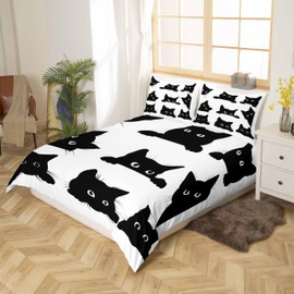 Black Cat Bedding Set for Kids Boys Girls Pet Cats Pattern Duvet Cover Cute Kitten Print Comforter Cover 3D Animal Theme Quilt Cover Bedroom Decor 2Pcs Bedcloths Single Size White