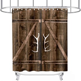 Antler Shower Curtain Wooden Plank Door Rustic Deer Horn Theme for Kids Bathroom Decor Cloth Fabric Sets with Hooks Waterproof Washable 72 x 72 Inches Brown and White