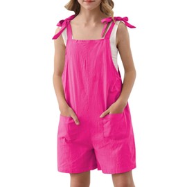 Lindanina Girls Romper Sleeveless Casual Short Overalls Summer Adjustable Tie-Up Strap Loose Cute Outfits Clothes 13-14 Years Children One Piece Hot Pink Jumpsuits with Pocket Daily Wear