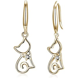 Dainty Sterling Silver Cute Cat CZ Dangle Drop Earrings for Women Teen Girls Sensitive Ears Tiny Crystal Elegant Dangling Hypoallergenic (gold)