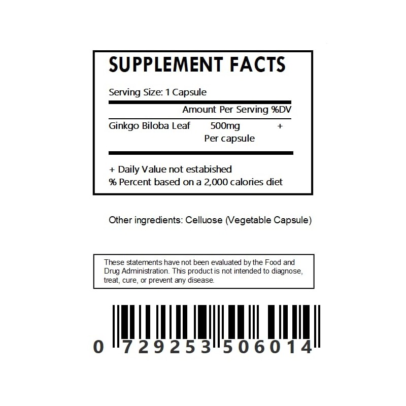 Generic Organic Ginkgo Biloba Leaf Capsules (500mg Each) - 30