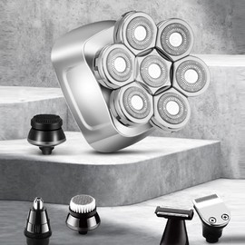 Afeitadoras de cabeza para hombres, afeitadoras eléctricas 7D mejoradas para hombres, 6 en 1, impermeable, mojado, seco y calvo con pantalla LED, kits de aseo rotativos con base de carga inalámbrica