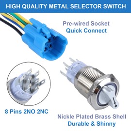 DMWD 22mm Latching Selector Rotary Switch 3 Positions 2NO 2NC 12-24VDC ON-Off Waterproof Anti-Vandal Metal Switch with Socket Red LED Light