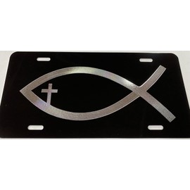 DEEP Engraved Christian Fish Cross Diamond Etched Car Tag Vanity License Plate