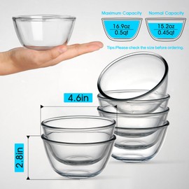 NUTRIUPS 4.6Inch High Borosilicate Small Glass Bowls Set of 6, 17oz Glass Dessert Bowl, Clear Glass Bowls for Kitchen and Dishwasher, Microwave and Oven Safe
