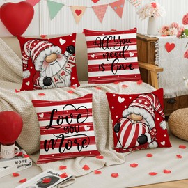 Red Valentine's Day Pillow Covers, 18 x 18 Inch Striped Throw Pillows Valentine Gnomes Decorative Cushion Case Decoration for Sofa Couch Set of 4