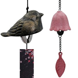 A.F.N.A.L Japanese Wind Chime Cast-Iron Outdoor Ornament for Garden & Patio, 2 Pack Hanging Metal Wind-Bell Decoration Gift, Set of 2 Blessing Pendant Windchimes & PVC Wind-Catcher, Flower & Bird