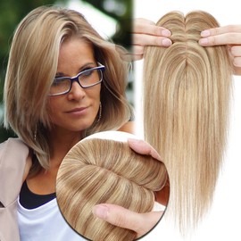 MY-LADY Human Hair Toppers for Women Real Human Hair for Thinning Hair 7 * 13CM Silk Base Hairpieces No Bangs 150% Density Clip in Remy Hair Pieces 12 Inch Golden Brown & Bleach Blonde