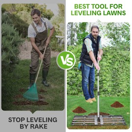 REAPALOT Lawn Leveling Rake, Lawn Leveler with Stainless Steel Long Handle, Heavy Duty Yard Level Tool for Leveling Soil, Sand Or Dirt Surfaces, Gardening Gloves Gift Included (30x10in)