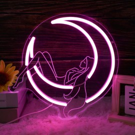 Moon Lady Neon Sign for Wall Decor Pink Dimable Led Girl Crescent Moon Neon Lights Wall Art Whimsical Night Sky for Bedroom Wall Decor Ideal for Lady Dreamers and Boho Interiors(11.2 * 11.3inch)