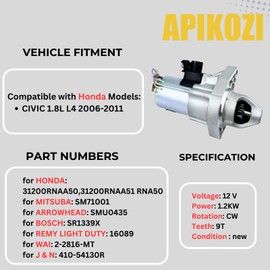 17958 New Starter Motor Compatible with 06 07 08 09 10 11 Honda Civic, 1.8L L4 | Replacement Engine Starter # 31200-RNA-A50 31200-RNA-A51 31200-R40-A01 SMU0435 RNA50 336-2068 SM710-01