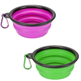Emoly 2 Pack Large Size Collapsible Dog Bowl, Food Grade Silicone BPA Free, with Carabiner Clip Foldable Expandable Cup Dish for Pet Cat Food Water Feeding Portable Travel Bowl (Purple & Green)